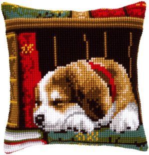 PN-0148118 Набір для вишивання хрестом (подушка) Vervaco Dog sleeping on bookshelf "Собака, що спить на книжній полиці" 1064425 фото