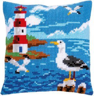 PN-0158364 Набір для вишивання хрестом (подушка) Vervaco Lighthouse and seagulls "Маяк та чайки" 1070633 фото