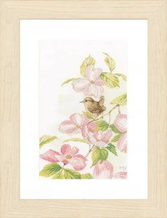 PN-0149990 Набір для вишивки хрестом Lanarte Pink flowers with a little bird "Рожеві квіти з маленькой пташкой" 1066528 фото