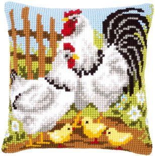 PN-0146209 Набір для вишивання хрестом (подушка) Vervaco Chicken family on a farm "Куряча сім'я на фермі" 1068466 фото