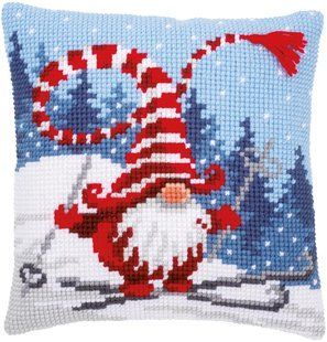 PN-0172809 Набір для вишивання хрестом (подушка) Vervaco Christmas gnome skiing "Різдвяний гном на лижах" 1070625 фото