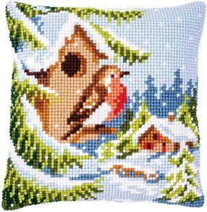 PN-0147171 Набір для вишивання хрестиком (подушка) Vervaco Robin in winter "Снігур зимою" 1073743 фото