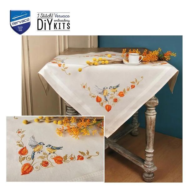 PN-0191006 Набір для вишивання хрест (серветка) Vervaco, 80х80, Пташки на фізалісі 1077242 фото