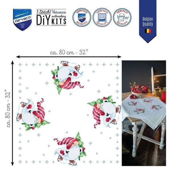 PN-0198673 Набір для вишивання хрестом (скатертина) 80х80см Vervaco Різдвяні гноми 1077847 фото